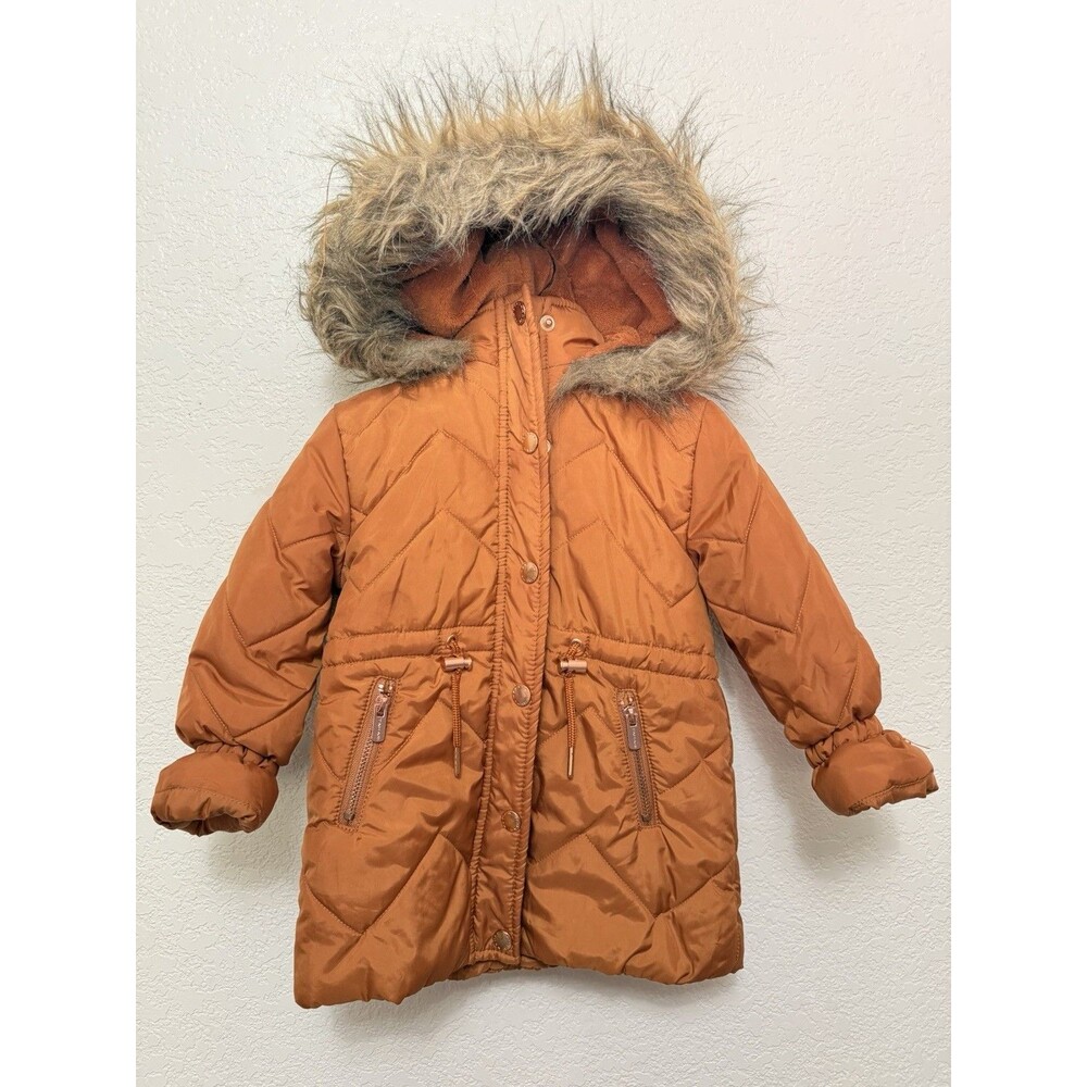 Tahari Girl Orange Winter Puffer Coat Jacket Size 18M Fur Hood Full Zip Snow